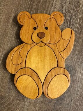 Vintage! Intarsia Wooden Teddy Bear Wall Art Nursery Cottagecore Honey Brown Oak